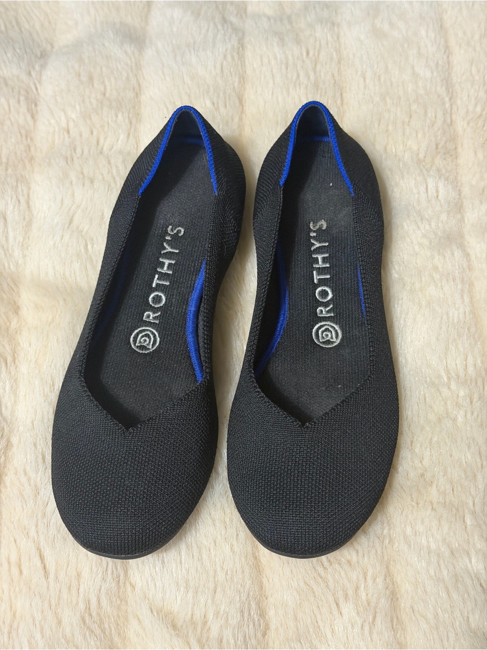 Rothy's Black Ballet Flats with Royal Blue Trim